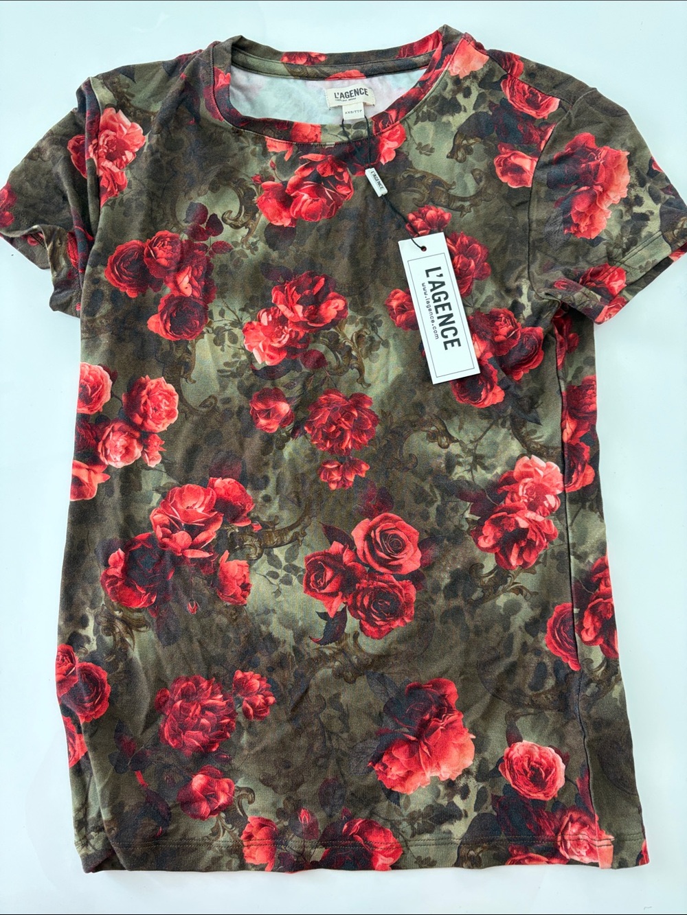 L'AGENCE Olive Green Tee with Red Rose Print